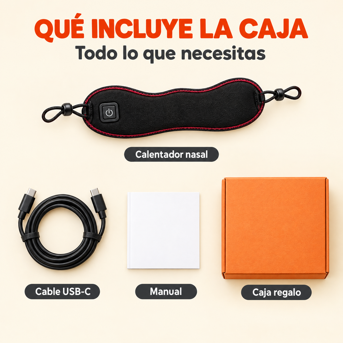 Qué incluye la caja: calentador nasal, cable USB-C, manual y caja regalo
